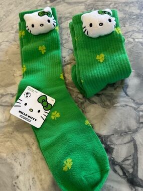Sanrio Hello Kitty Green Socks with Plush White Character & Shamrocks - 2 Pair